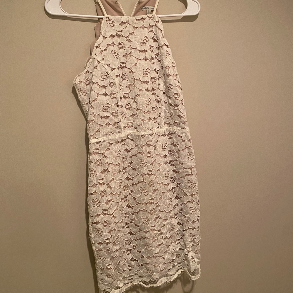 white and nude lace dress
